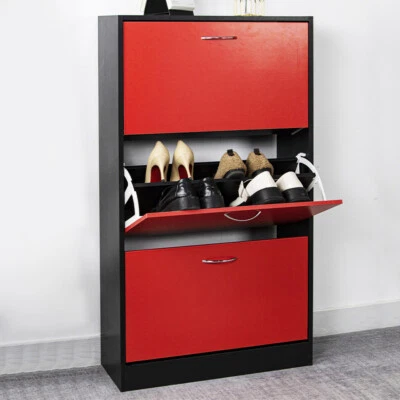 Scarpiera 3 Ante Ripiani Doppia Profondità con Maniglia Rosso e Nero 63x24x115cm - Immagine 1 di 4