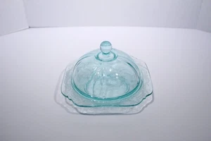 Vintage Federal Madrid Aqua Blau Depression Glas Butterdose mit Kuppel Deckel - Bild 1 von 8