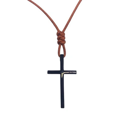 Black Titanium Steel Cross Necklace on Brown Leather Cord - Select your lengrth - Image 1 of 4