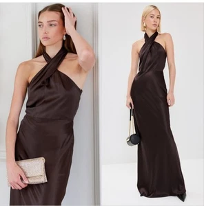 Veronica Beard Alberta Brown/Chocolate Silk blend Dress Gown Halter Sz 10 $698 - Picture 1 of 16