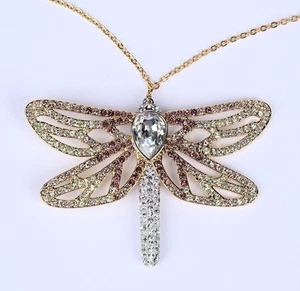 Swarovski Dragonfly Necklace Gold Tone Crystal Pendant with Pink & Clear Stones - Picture 1 of 16