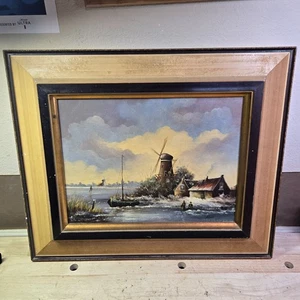 Signiertes Selhorst Gemälde Windmühle Segelboot Maritim schön gerahmt 19x23 - Bild 1 von 8