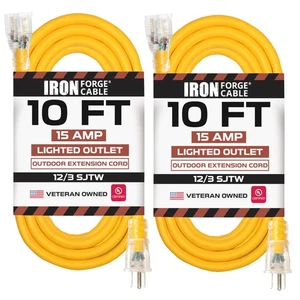 IRON FORGE CABLE 2 Pack of 10 Foot Outdoor Extension Cords - 12/3 SJTW Heavy Dut - Picture 1 of 8