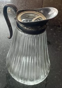 Vintage Italian Ribbed Glass Water Ice Tea Pitcher Silver Plated Handle Ice Lip - Picture 1 of 9