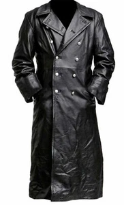 MENS GERMAN CLASSIC WW2 OFFICER MILITARY UNIFORM BLACK FAUX LEATHER TRENCH COAT - Picture 1 of 4