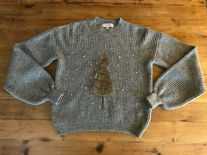 Next Ladies Christmas Jumper Tassled Tree & Pearls. Grey. Petite Size XS. - Picture 1 of 9