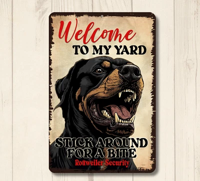Letrero Rottweiler Bienvenido a Yarda Casa Divertido Mordedura de Perro Metal Seguridad Estaño Advertencia Foto 1 de 4