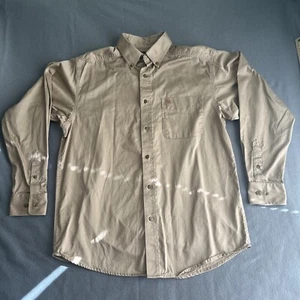 ARIAT Mens Button Down Shirt Size Medium Long Sleeve Beige 100% Cotton - Picture 1 of 13