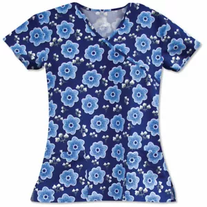 Scrubs - V-Neck Top - BLUE FLOWERS -NWT(XS 8-10, S/10-12,) soft fabric-SALE - Picture 1 of 2