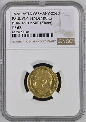 1928-FECHADO ALEMANIA PAUL VON HINDENBURG BERNHART EDICIÓN ORO 20 MARCOS- NGC PF 62 Foto 1 de 4
