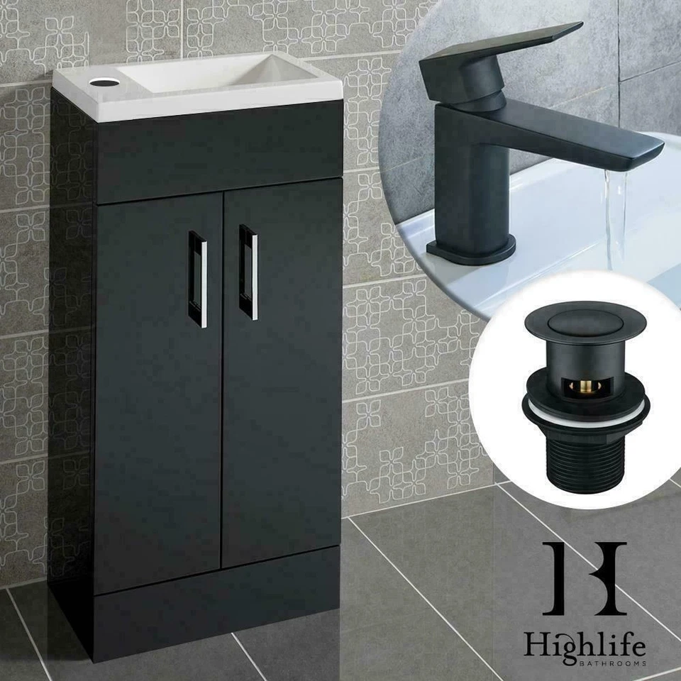 FNX BATHROOMS 400mm Anthracite Grey Bathroom Vanity Unit Basin Sink Cabinet & Black Mixer Tap