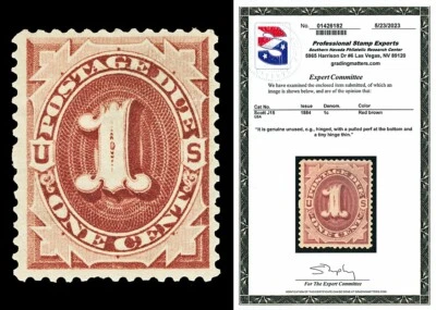 Scott J15 1884 1c Red Brown Postage Due Mint VF OG Small Faults with PSE CERT - Image 1 of 2