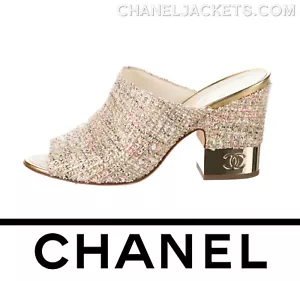 $1,025 CHANEL 18P Tweed & Gold CC Heel SLIDES / MULES * EU 39 /US 8 - Picture 1 of 7