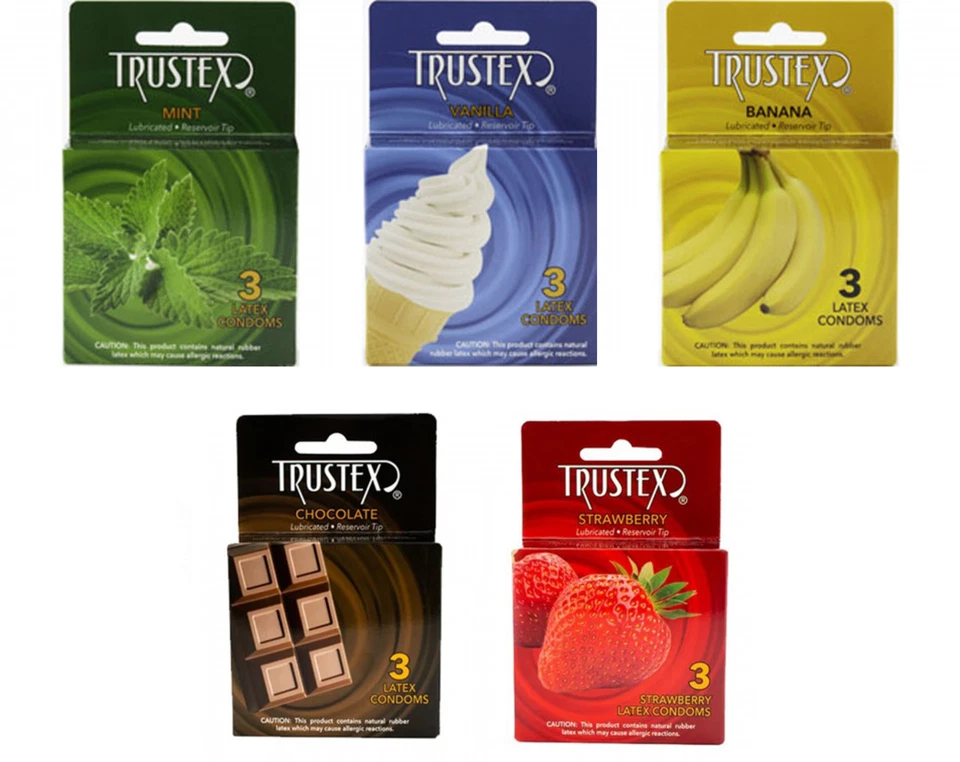 Condones masculinos de látex lubricados con sabor Trustex 3 unidades chocolate menta vainilla plátano Foto 1 de 1