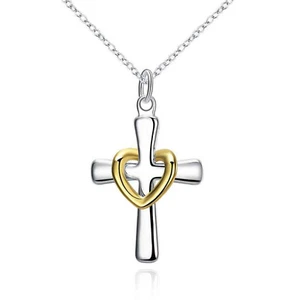 Cross with Gold Heart Pendant Necklace Silver and Gold - Picture 1 of 11