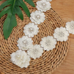 1 Yard 5.5CM Flowers Pearl Beads Lace Trim Ribbon Wedding Dress DIY Sewing Craft - Picture 1 of 28