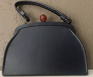 VINTAGE AINA HANDBAG - NAVY BLUE W/TAN INTERIOR - KNOB CLOSURE - ca 1950s - Picture 1 of 9
