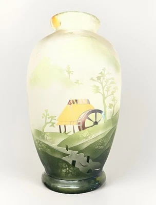 Vintage Japanese Vase Frosted Etched &  Painted Green Goldtone Silver 8” Repair - Image 1 of 4