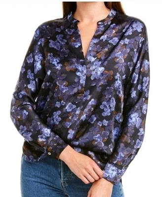 VINCE Plumeria цветы блузка женщин размер Med темно-синий цветочный LS шелк опрятный - Изображение 1 из 4