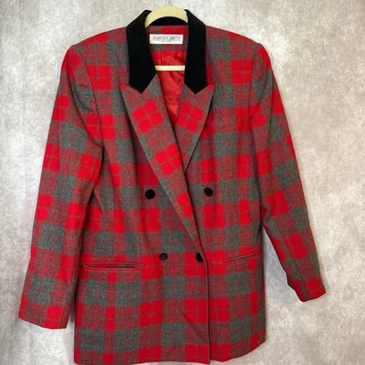 Blazer feminino xadrez vintage anos 90 Amanda Smith lã pura vermelho e cinza tamanho 12 - Imagem 1 de 4
