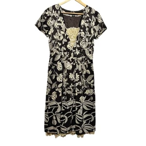 Lafayette 148 Midi Dress 4 Brown Whimsy Floral Lace Trim Boho Cottagecore Fairy - Picture 1 of 9