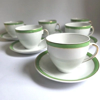 6 x MID CENTURY ALFRED MEAKIN GREEN/GOLD BAND TEA CUPS & SAUCERS +4 BONUS PLATES - Image 1 of 4