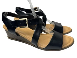 Dr Scholl's 9.5 Black Wedge Sandal Certain Open Toe Slingback CrissCross Straps - Picture 1 of 9