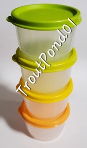 Juego de 4 tazas de bocadillos TUPPERWARE lonchera 4 oz tazones tapas verde amarillo naranja loro - Imagen 1 de 6