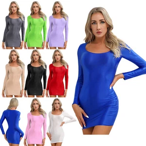 Women Glossy Elastic Tights Mini Dress Clubwear Smooth Bodycon Dresses Nightwear - Picture 1 of 78