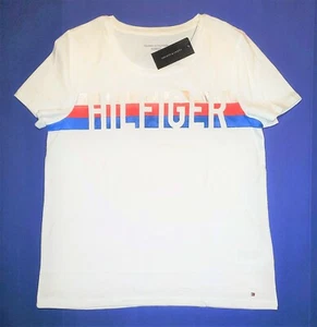 WOMEN'S TOMMY HILFIGER STRIPES RELAXED FIT T-SHIRT TEE WHITE SILVER RED BLUE L - Picture 1 of 3