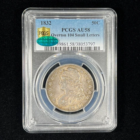 1832 50C O-104 AU58 CAC PCGS Small Letters Capped Bust Half Dollar Overton 104 Cover