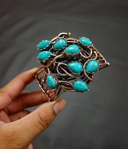 Turquoise Gemstone Wide Band Bangle Copper Wire Wrapped Adjustable Cuff Bracelet - Picture 1 of 7