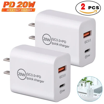 2Pcs 20W PD Fast USB C Wall Charger Power Adapter Charging Block for iPhone iPad - Image 1 of 4
