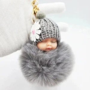 Pompom Sleeping Baby Doll Keychain Plush Fluffy Bag Fur Charm Gray - Picture 1 of 5