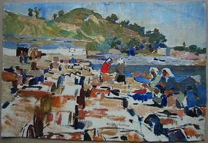 Ukrainian Soviet Oil Painting impressionism figure women barrels river - Picture 1 of 7