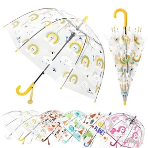 Kids Rainbow Clear Bubble Umbrella, Toddler Grip Curved Handle Stick Rain Umb... - Picture 1 of 9
