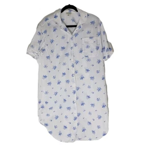 Camicia da notte Bonsoir 100% cotone manica corta bianca blu floreale bottoni davanti taglia L - Foto 1 di 12