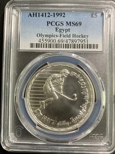 Egypt AH1412-1992 5 Pounds/ Olympics-Field Hockey / PCGS MS69 / Beautiful! - Picture 1 of 6