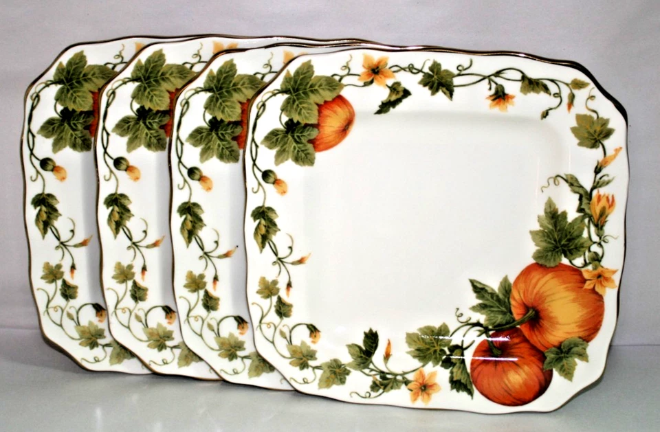 222 Fifth Classic Pumpkin 11" Square Porcelain Dinner Plates Set of Four New - Image 1 of 3