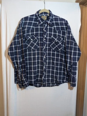 Moda Tech Shirt Mens M Western Pearl Snap Blue White Plaid Cowboy 46" Oversized  - Image 1 of 4