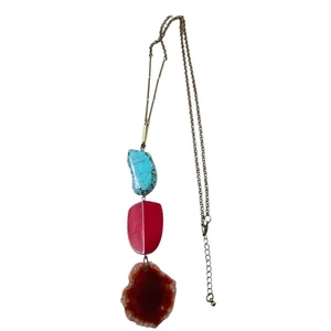 Boho Gemstone Necklace With Turquoise Red & Agate Stones On Antique Brass Chain - Picture 1 of 7