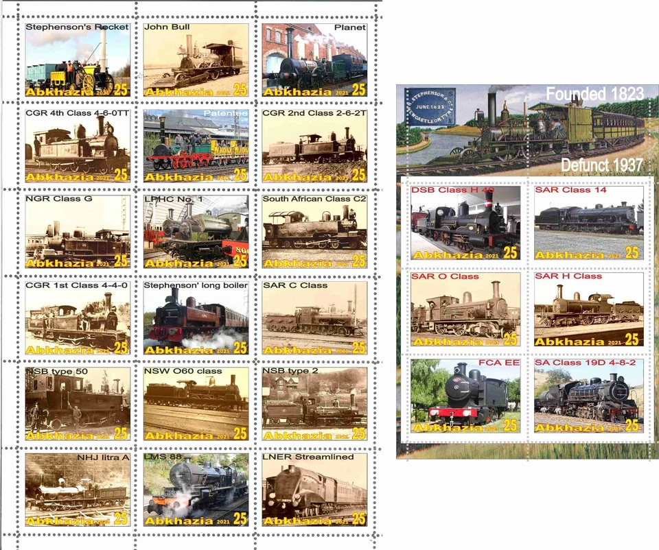 Stamp sheet+block Stephenson train Locomotives Company 2021 Abkhazia - Image 1 of 1