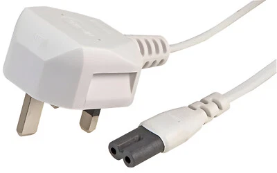 White Figure 8 Mains TV Power cable, UK Plug to IEC C7 Fig8 Lead Power Cord - Image 1 of 3