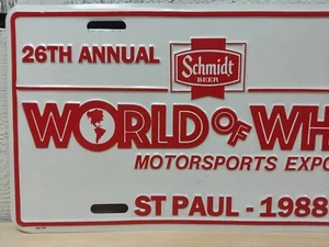 De colección 1988 Schmidt Beer World Of Wheels Expo placa de metal St Paul MN - Imagen 1 de 5