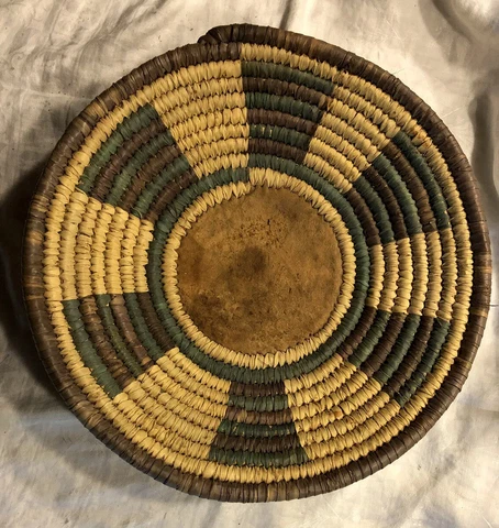 VTG Hand Woven Large 15” Basket Bowl Primitive Middle East Arabic Leather Bottom Cover