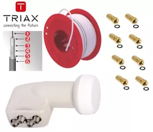 Triax Quad LNB + Triax Koax Kabel 100m Koka F6 Plus inkl. 8x F-Stecker Vergoldet - Bild 1 von 4
