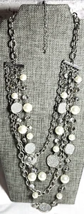 Chunky Faux Pearl & Silver Multi Strand & Shapes Necklace Adjustable Jewelry 24" - Picture 1 of 5