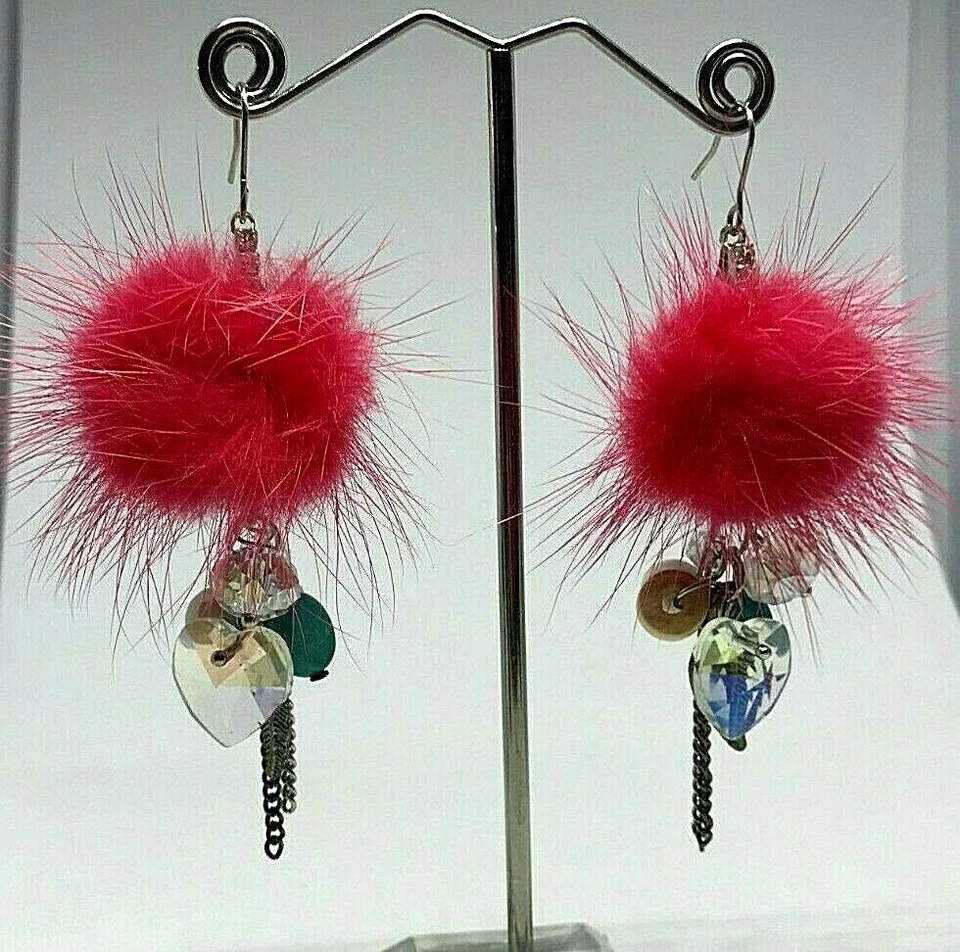 Pendientes colgantes/gotas de cristal de plástico pluma rosa metal plata vintage 1980' Foto 1 de 4