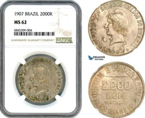 AI511, Brazil, 2000 Reis 1907, Rio de Janeiro Mint, Silver, NGC MS62 - Picture 1 of 1