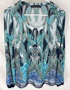 ROSE & OLIVE Blouse Sie Large Sheer Blue Paisley Flowy Boho Spring Summer Light - Picture 1 of 6